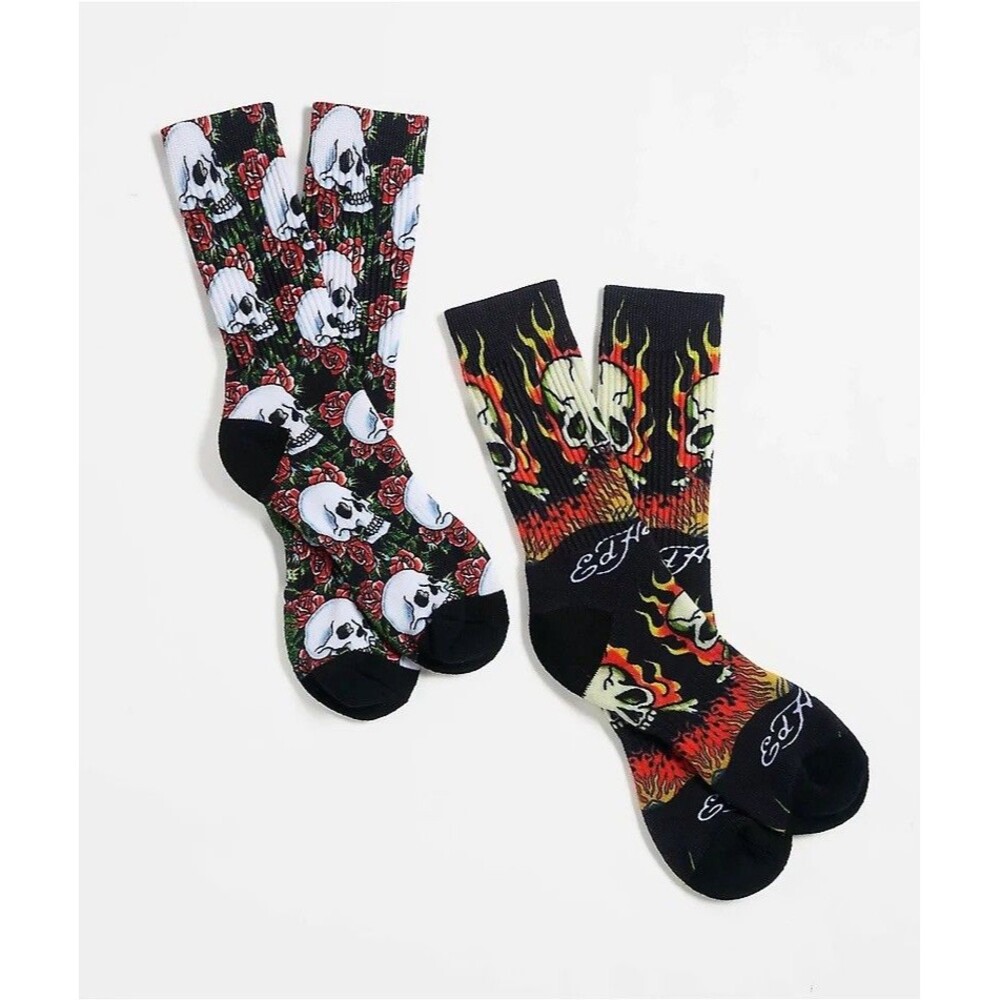 2-Pack: Ed Hardy Men's 6-12 Black Skull Heart Flame Tattoo Graphics Crew Socks